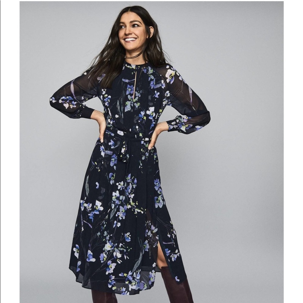 Reiss Navy Floral Midi Dress with Lavender and Green Accents